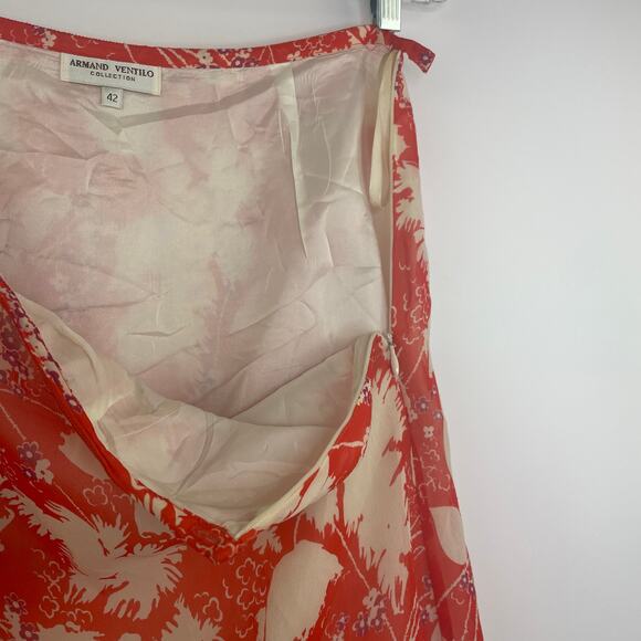 Armand Ventilo Floral Silk Midi Skirt orange red women's size 42 - Picture 5 of 12